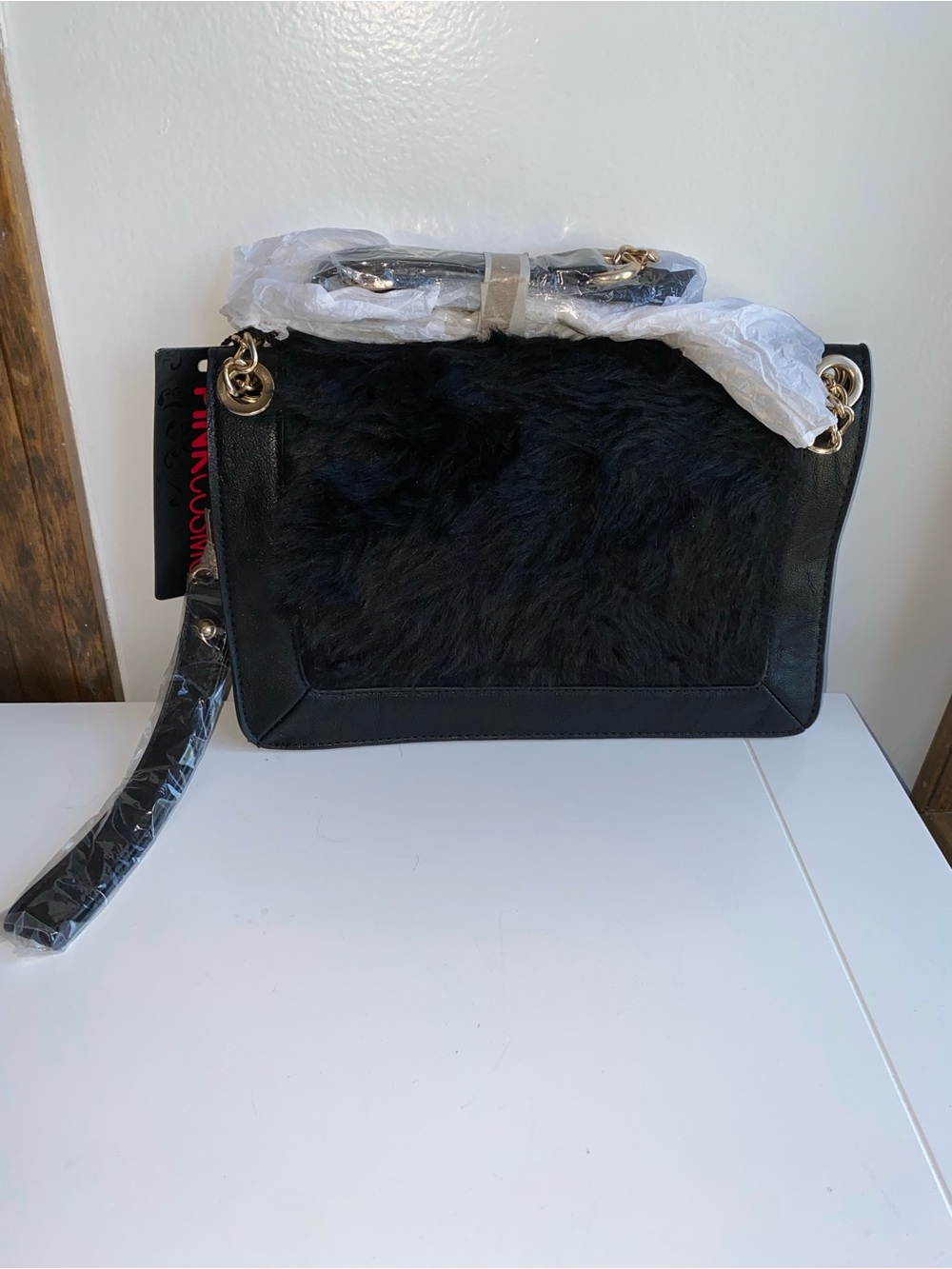 Pink Cosmo Black Faux Fur Shoulder Bag with Gold Chain